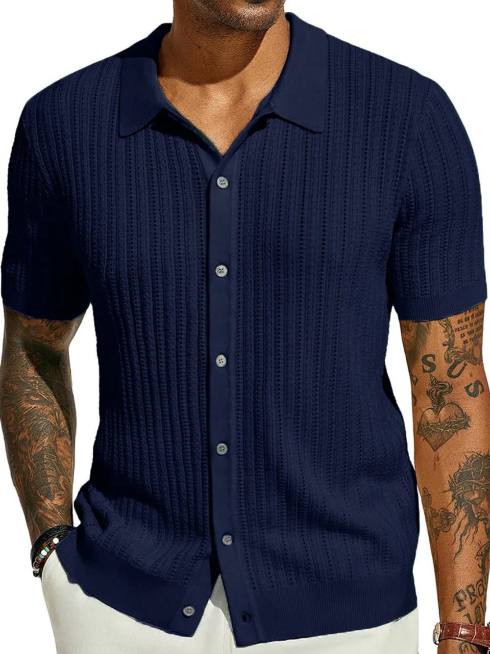 TEEK - Mens Openwork Button Down Collared Neck Shirt TOPS TEEK Trend Navy S