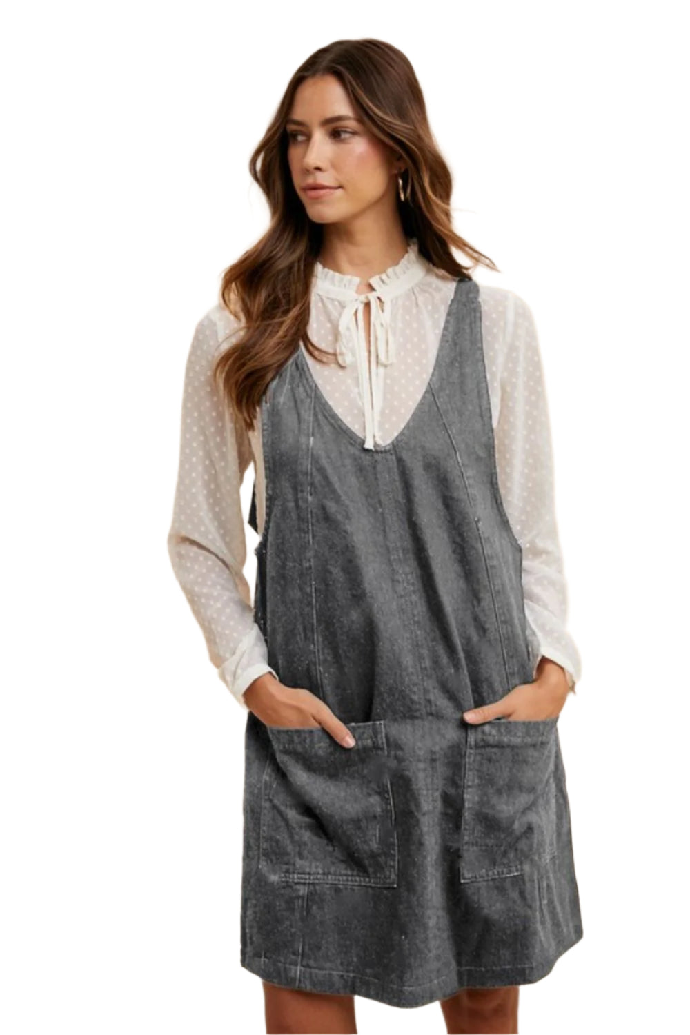 TEEK - Charcoal V-Neck Adjustable Denim Overall Pocketed Dress