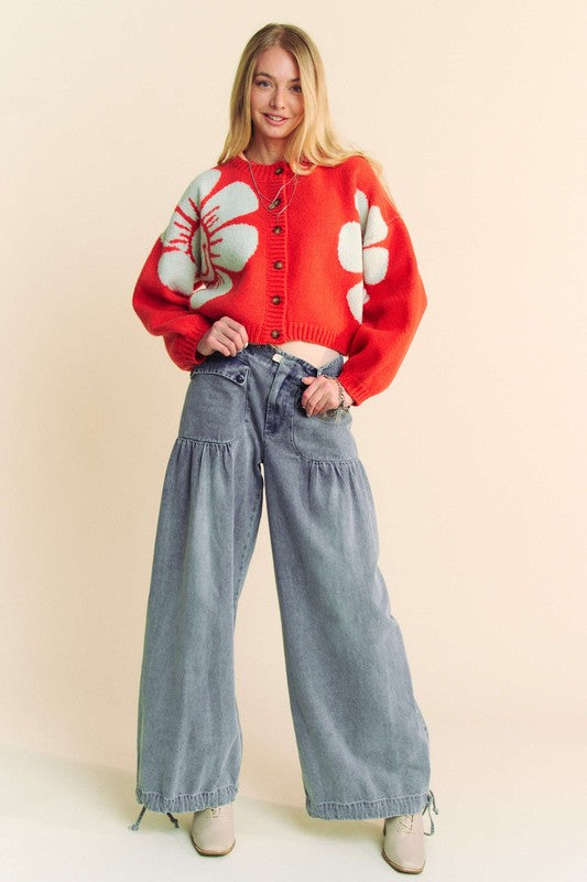 TEEK - Orange Flower Contrast Long Sleeve Cardigan SWEATER TEEK Trend