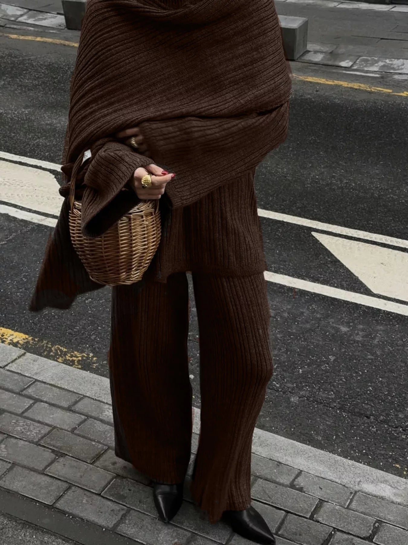 3-Piece Crew Neck Ribbed Sweater and Wide-Leg Pants Set with Scarf Trendsi