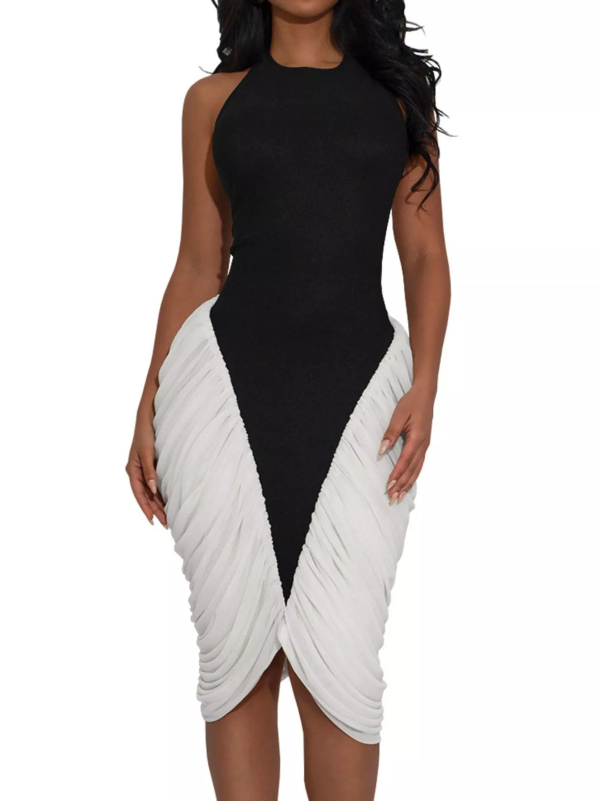TEEK - Two-Tone Sleeveless Ruched Midi Dress DRESS TEEK Trend