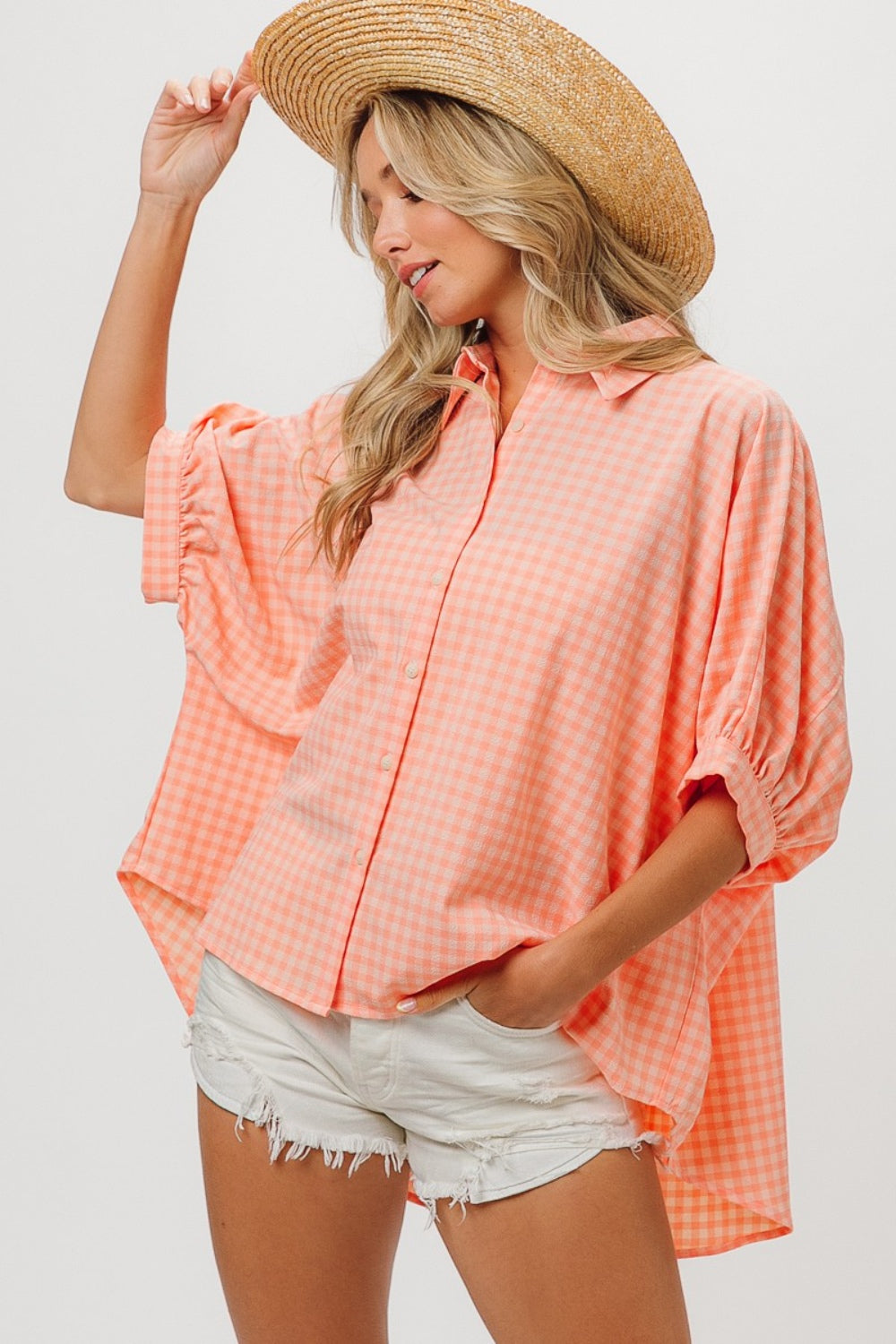 TEEK - Light Coral Plaid Button Up Dolman Sleeve Shirt TOPS TEEK Trend