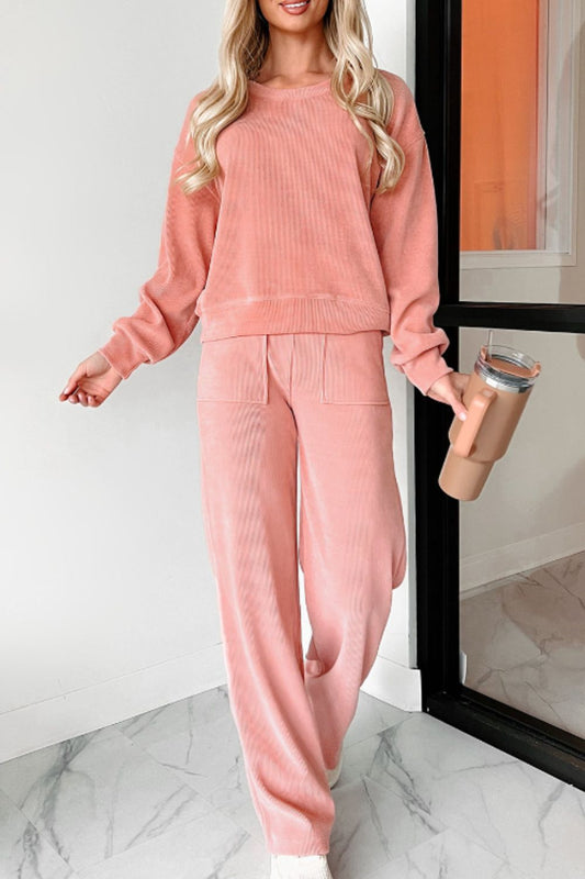 TEEK - Pink Round Neck Long Sleeve Top Pants Set SET TEEK Trend
