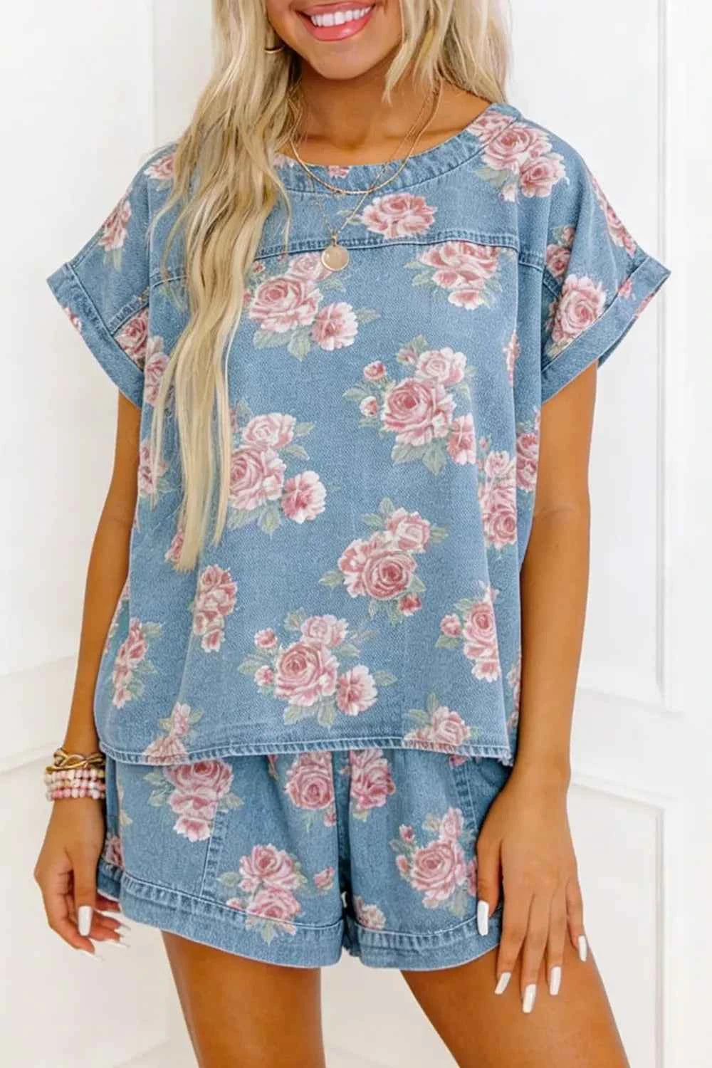 TEEK - Floral Print Top and Shorts Denim Set SET TEEK Trend
