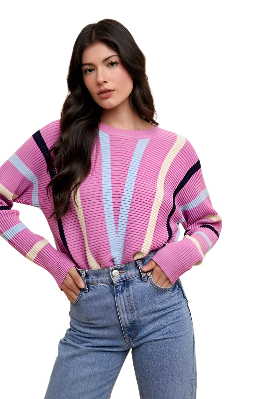 TEEK - Orchid Chevron Stripe Round Neck Ribbed Sweater TOPS TEEK Trend S