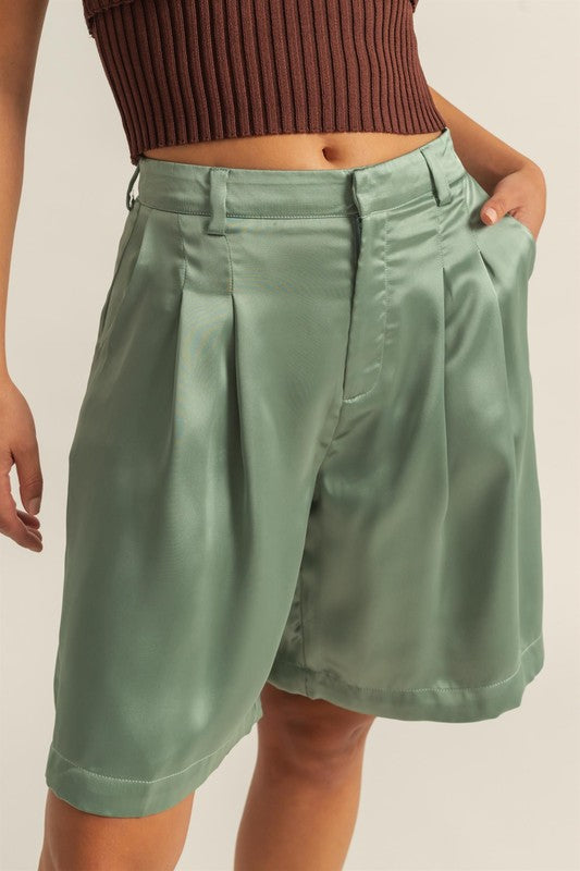 TEEK - Matcga Green High-Waist Pleated Satin Shorts SHORTS TEEK Trend