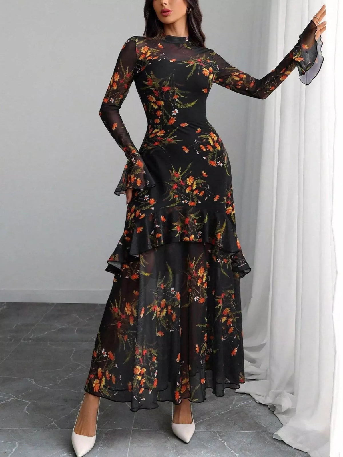 TEEK - Floral Print Flounce Sleeve Mermaid Maxi Dress DRESS TEEK Trend