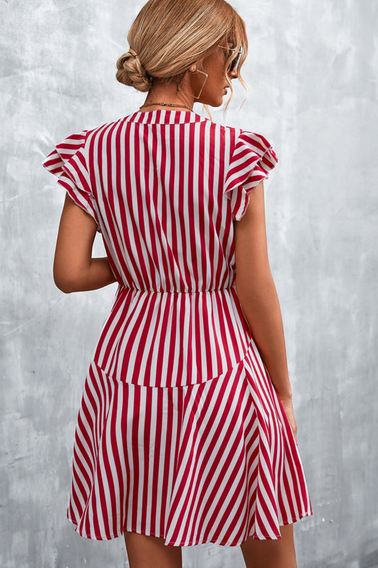 TEEK - Deep Red Ruffled Striped Cap Sleeve Dress DRESS TEEK Trend