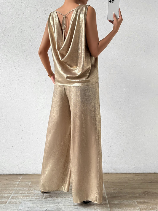 TEEK - Golden Round Neck Sleeveless Top Pants Set SET TEEK Trend