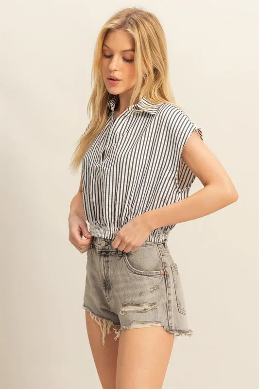 TEEK - Black Striped Elastic Hem Johnny Collar Cap Sleeve Blouse TOPS TEEK Trend