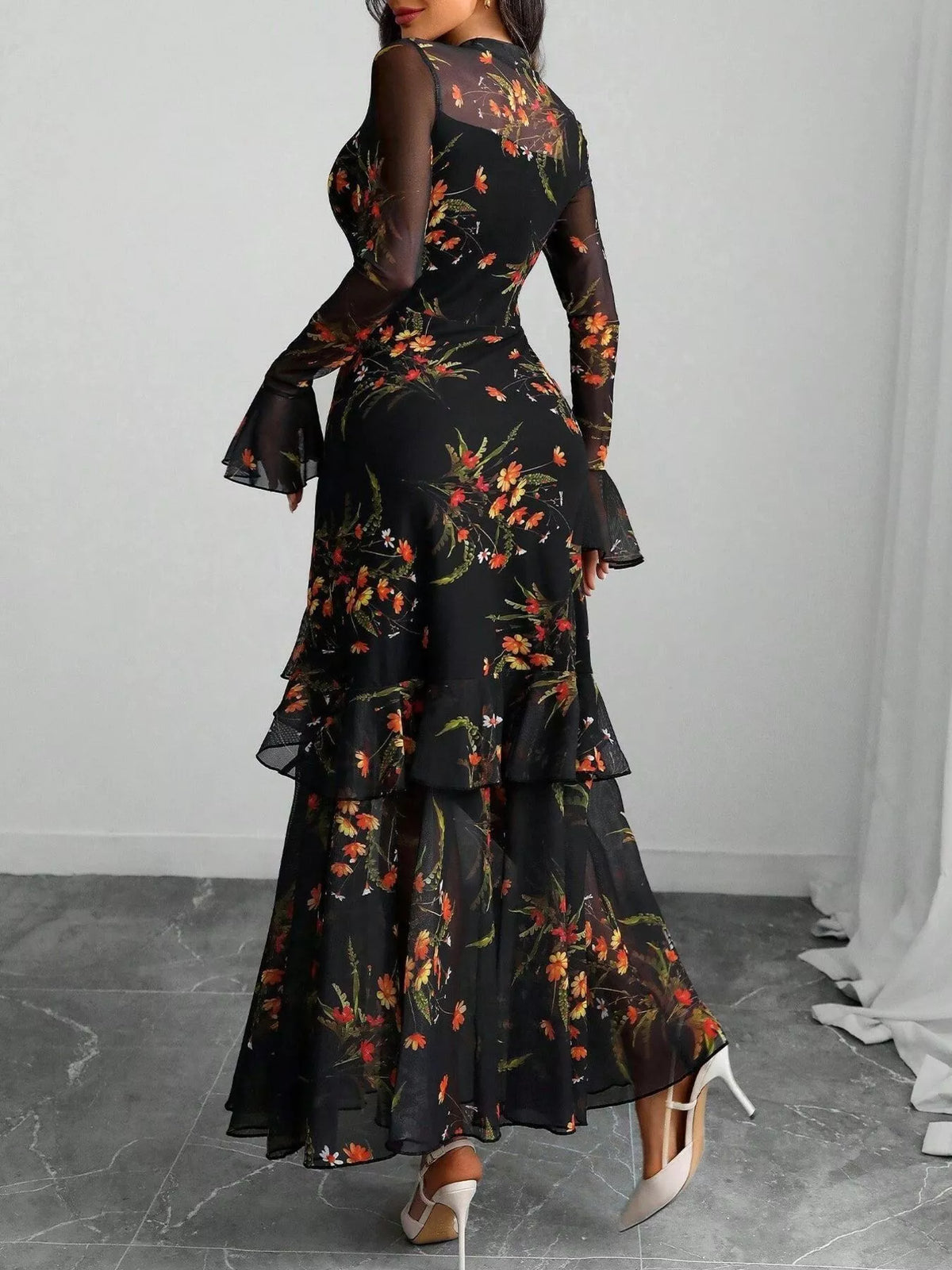 TEEK - Floral Print Flounce Sleeve Mermaid Maxi Dress DRESS TEEK Trend