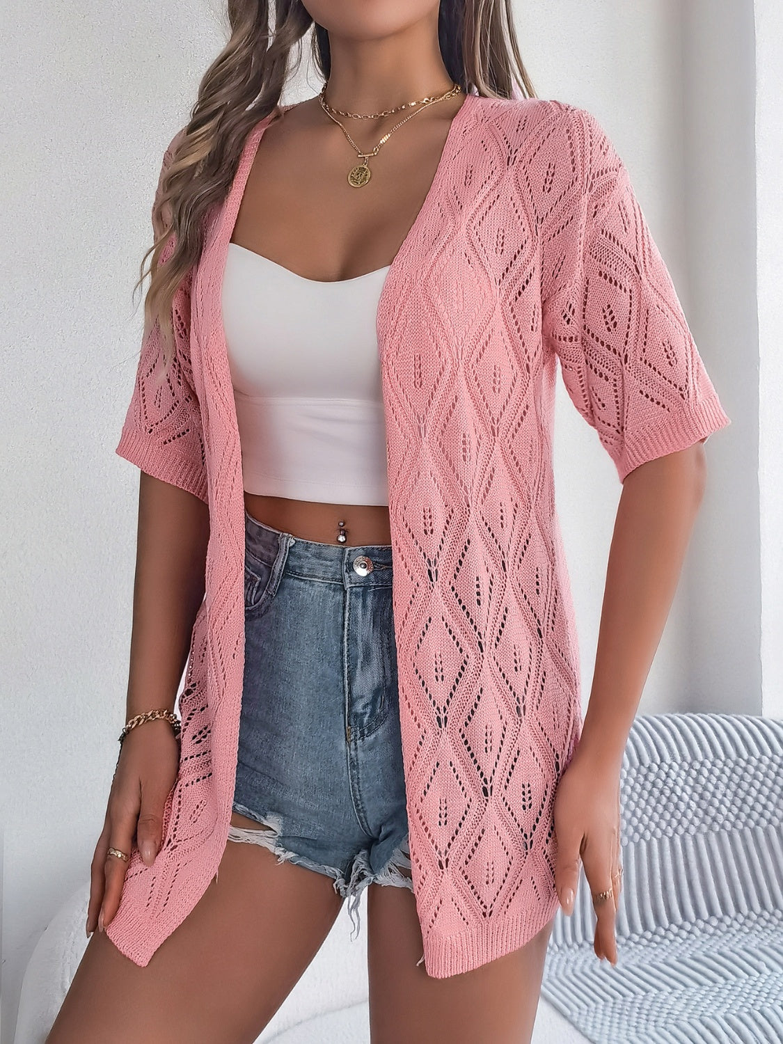 TEEK - Lace Open Front Half Sleeve Cardigan SWEATER TEEK Trend