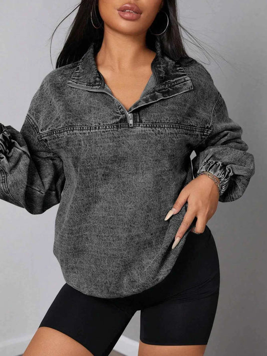 Elastic Hem Quarter Zip Denim Top Trendsi