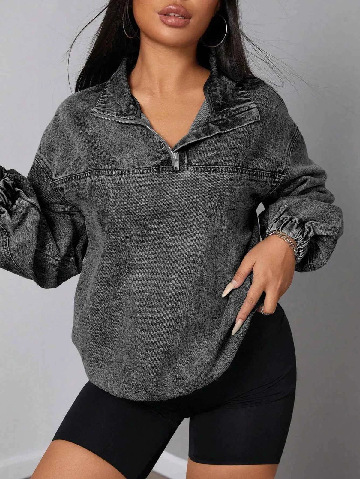 TEEK - Elastic Hem Quarter Zip Denim Top TOPS TEEK Trend