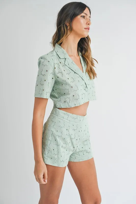 TEEK - Mint Eyelet Short Sleeve Crop Top Shorts Set SET TEEK Trend