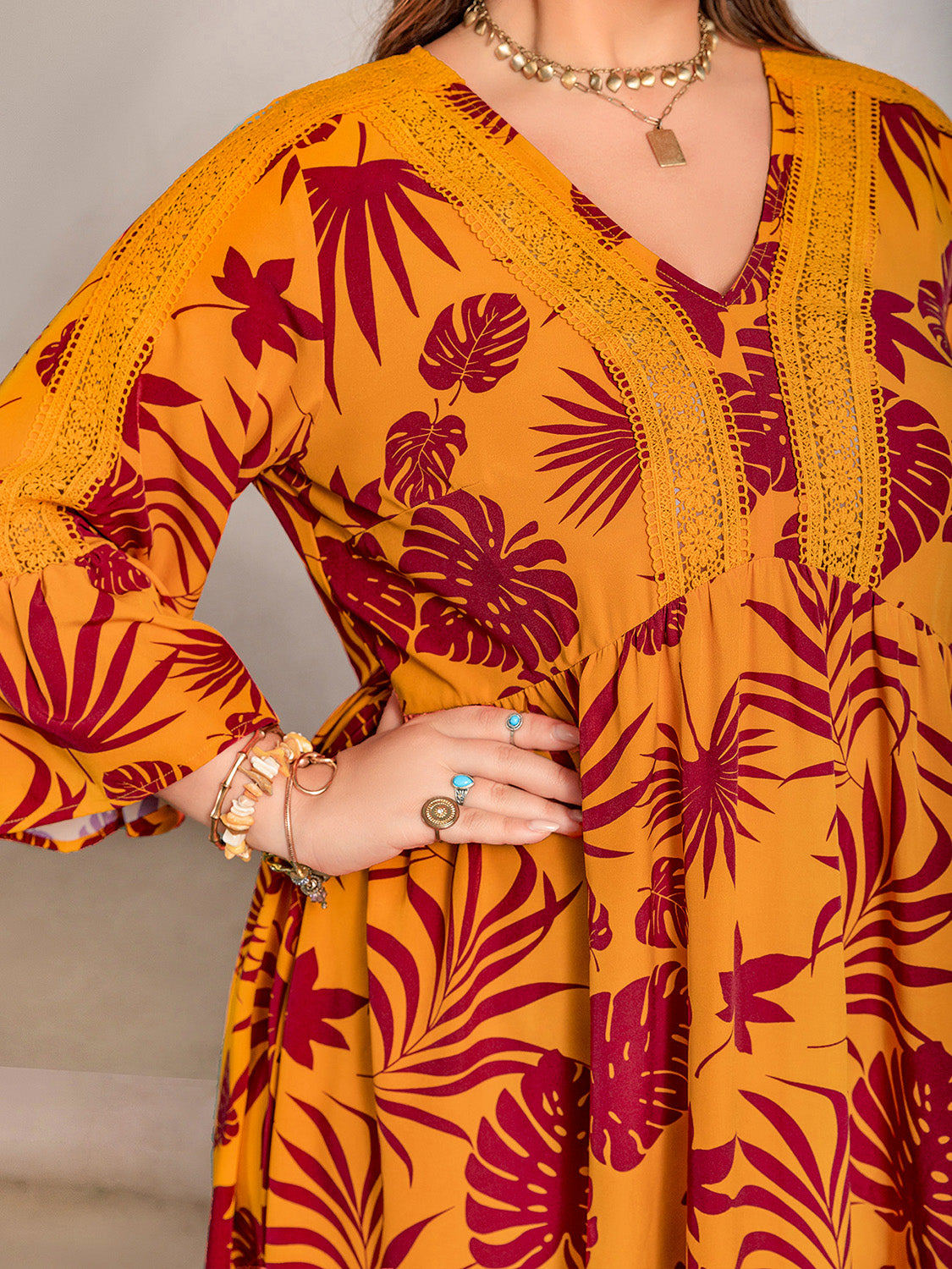 TEEK - Tangerine Plus Size Lace Trim Printed V-Neck Dress DRESS TEEK Trend