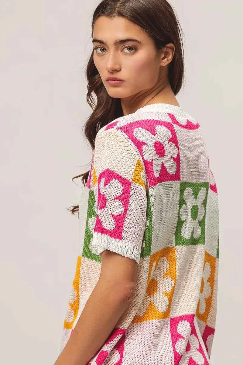 TEEK - Flower Checker Pattern Lightweight Sweater Top TOPS TEEK Trend
