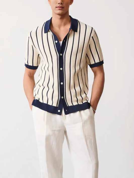TEEK - Mens Navy Striped Button Down Short Sleeve Shirt TOPS TEEK Trend