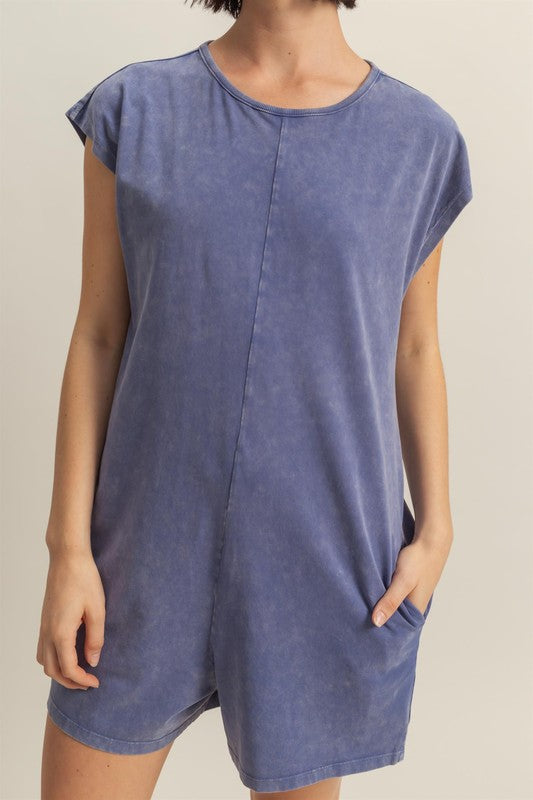 TEEK - Dusty Blue Round Neck Cap Sleeve Relaxed Fit Breezy Romper JUMPSUIT TEEK Trend