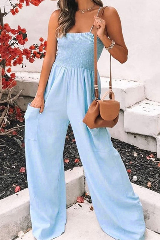 TEEK - Smocked Spaghetti Strap Wide Leg Jumpsuit JUMPSUIT TEEK Trend