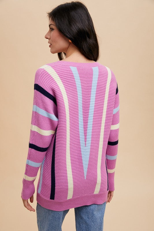 TEEK - Orchid Chevron Stripe Round Neck Ribbed Sweater TOPS TEEK Trend