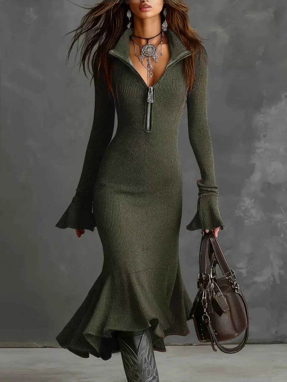 TEEK - Ribbed Knit Zip Front Flare Hem Midi Dress Trendsi Army Green S