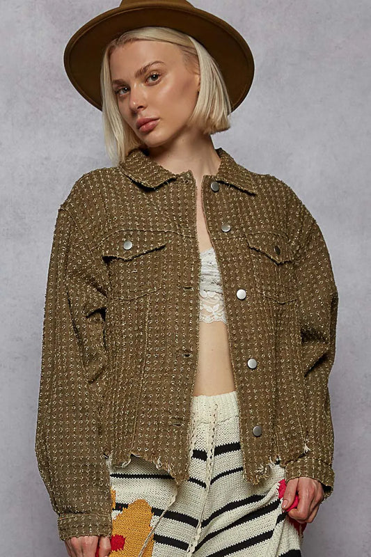 TEEK - Olive Raw Hem Button Up Chest Pocketed Jacket JACKET TEEK Trend