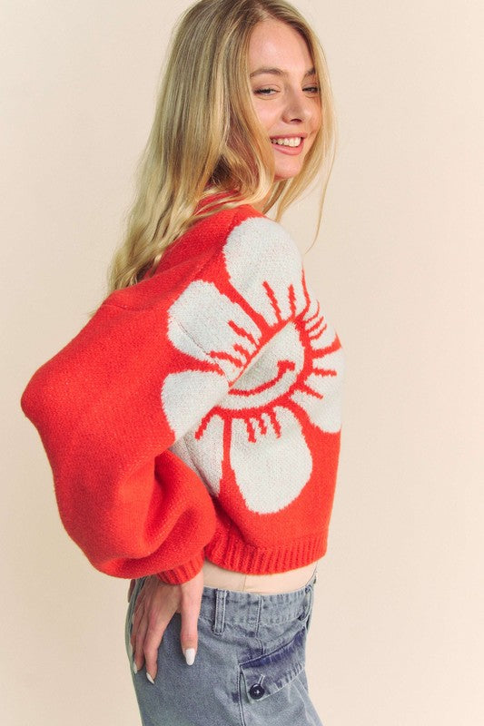 TEEK - Orange Flower Contrast Long Sleeve Cardigan SWEATER TEEK Trend
