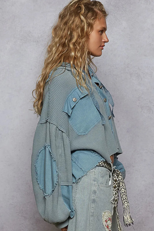 TEEK - Cornflower Blue Contrast Cropped Raw Edge Shacket TOPS TEEK Trend