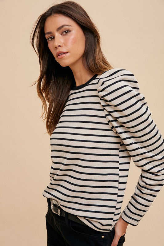 TEEK - Black Striped Round Neck Puff Sleeve French Terry Top TOPS TEEK Trend
