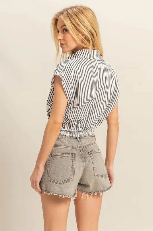 TEEK - Black Striped Elastic Hem Johnny Collar Cap Sleeve Blouse TOPS TEEK Trend