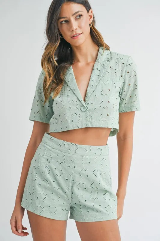 TEEK - Mint Eyelet Short Sleeve Crop Top Shorts Set SET TEEK Trend