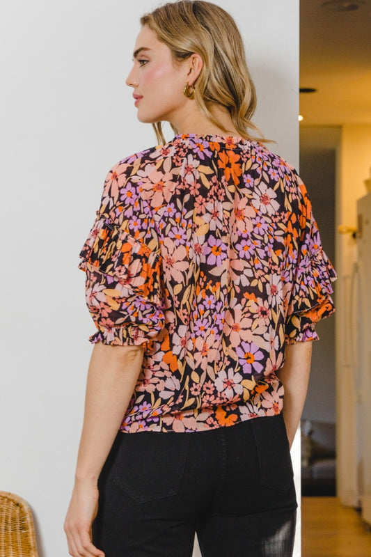 TEEK - Black Multicolor Floral Tie Neck Ruffled Blouse TOPS TEEK Trend
