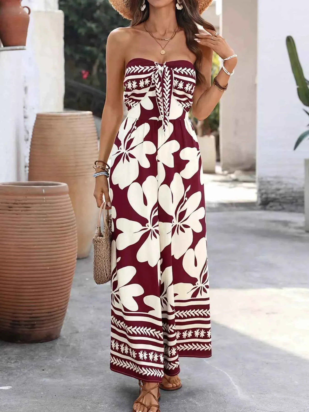 TEEK - Floral Print Tie Front Strapless Wide Leg Jumpsuit JUMPSUIT TEEK Trend