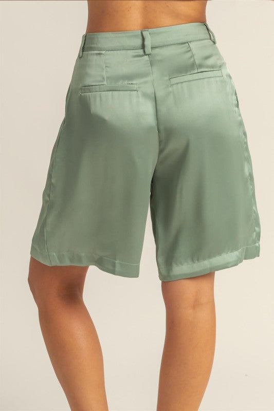TEEK - Matcga Green High-Waist Pleated Satin Shorts SHORTS TEEK Trend