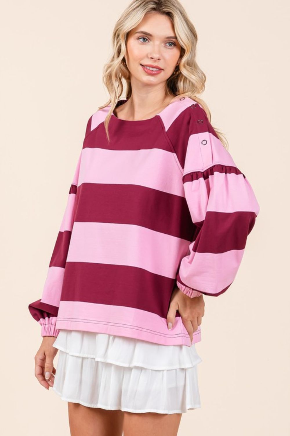 TEEK - Pink Wine Striped Snap Shoulder Long Sleeve T-Shirt TOPS TEEK Trend