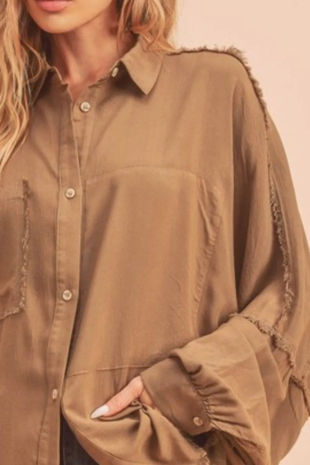 TEEK - Camel Raw Edge Exposed Seam Collared Long Sleeve Shirt TOPS TEEK Trend