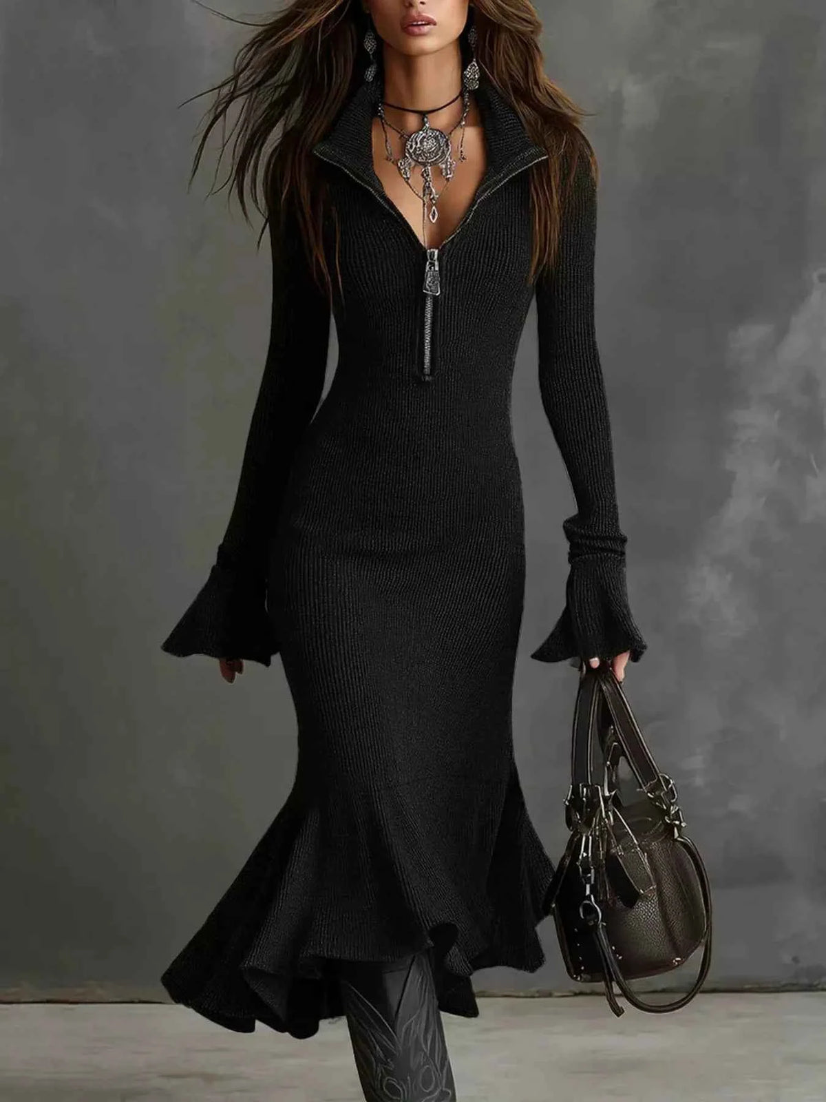 TEEK - Ribbed Knit Zip Front Flare Hem Midi Dress Trendsi Black S