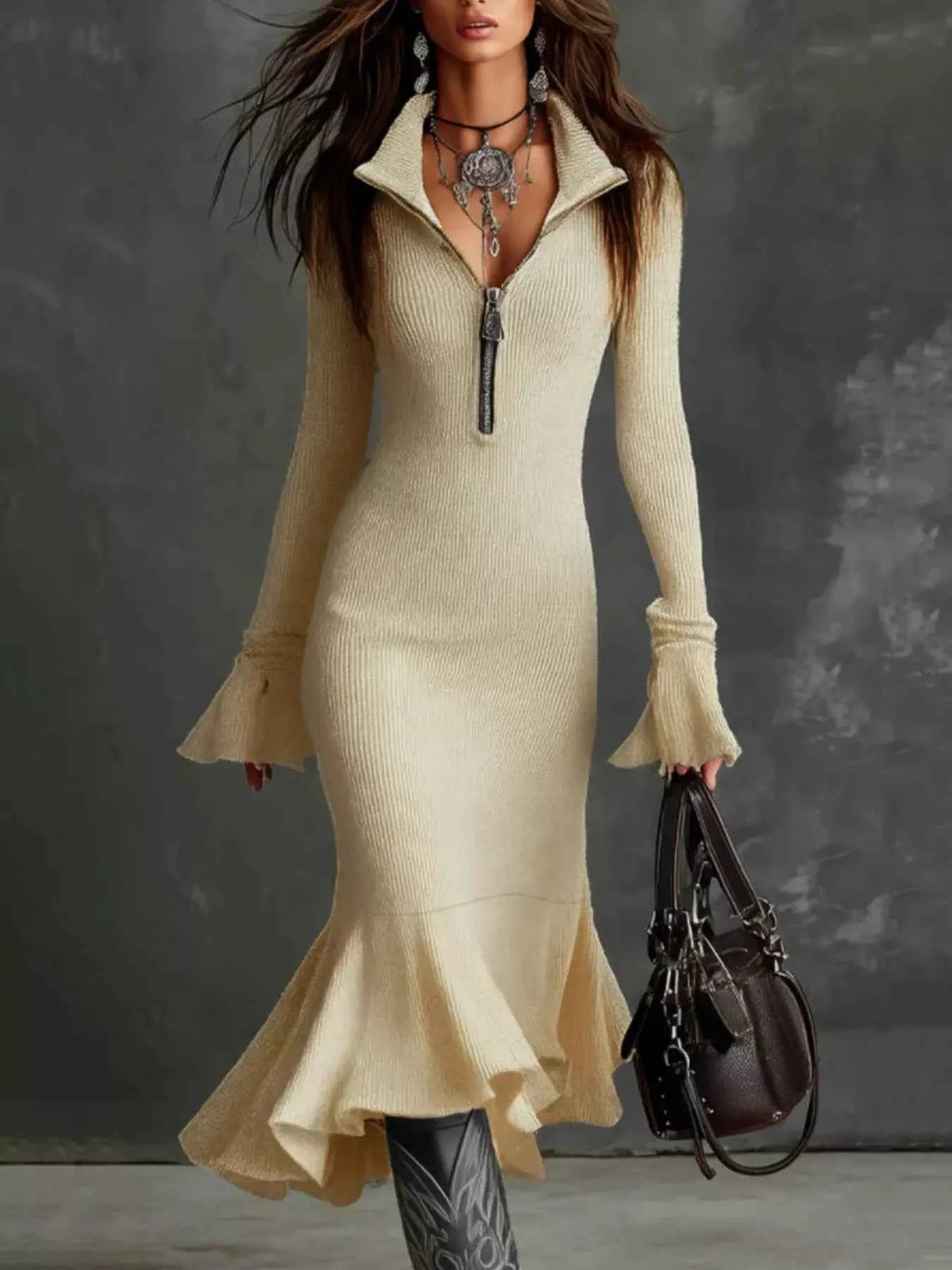 TEEK - Ribbed Knit Zip Front Flare Hem Midi Dress Trendsi Apricot S