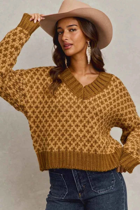 TEEK - Color Block Textured Sweater V-Neck Top TOPS TEEK Trend