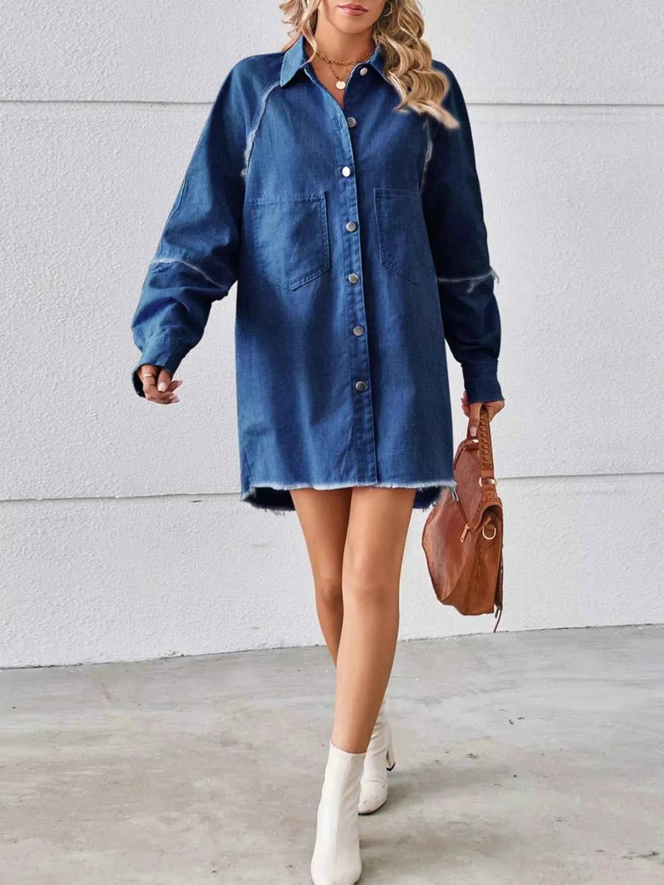TEEK - Button-Down Raw Hem Denim Dress DRESS TEEK Trend