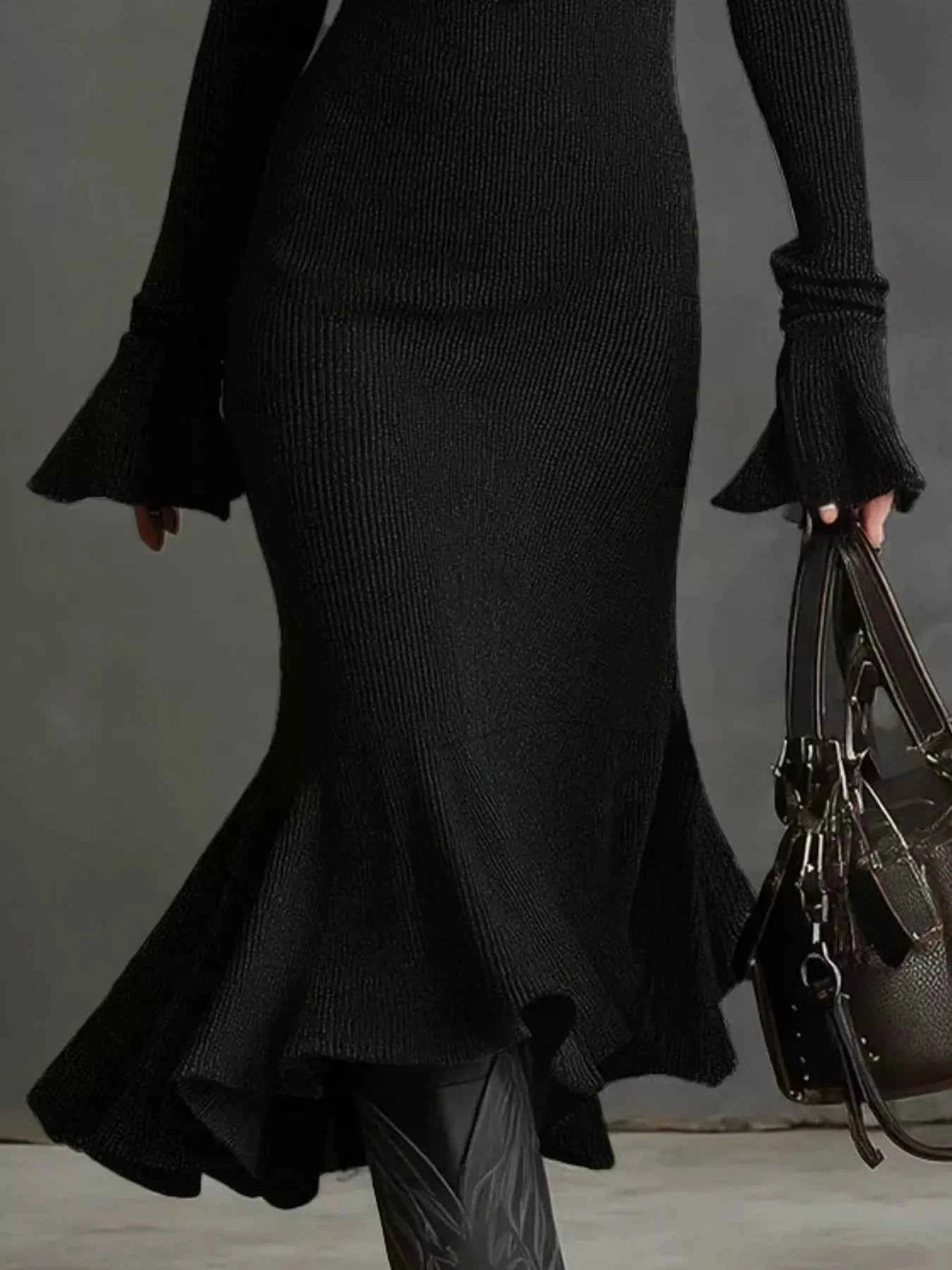 TEEK - Ribbed Knit Zip Front Flare Hem Midi Dress Trendsi