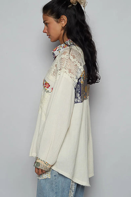 TEEK - Ivory Lace Patchwork Floral Trim Long Sleeve Shirt TOPS TEEK Trend