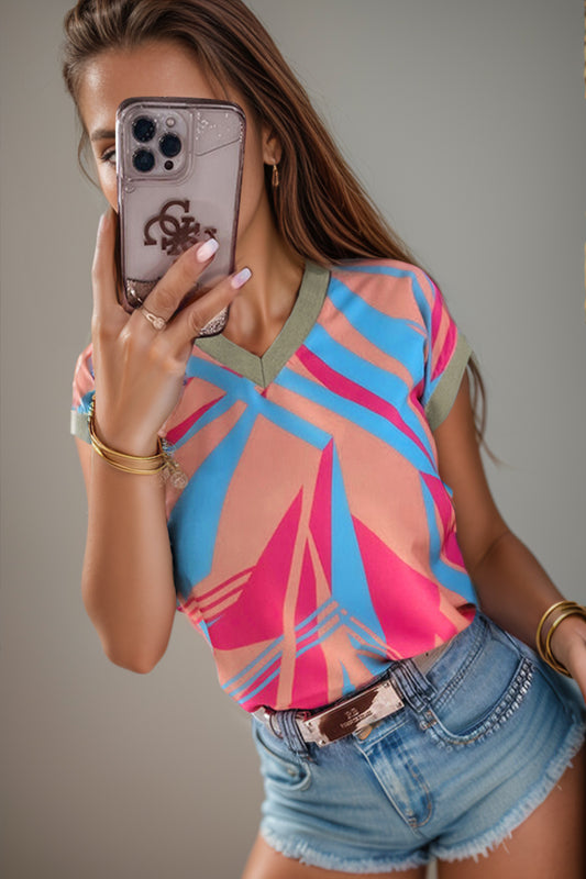 TEEK - Multicolor Contrast V-Neck Cap Sleeve Blouse TOPS TEEK Trend