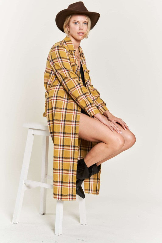 TEEK - PLUS SIZE PLAID PRINT COLLAR LONG SHIRT DRESS DRESS TEEK FG