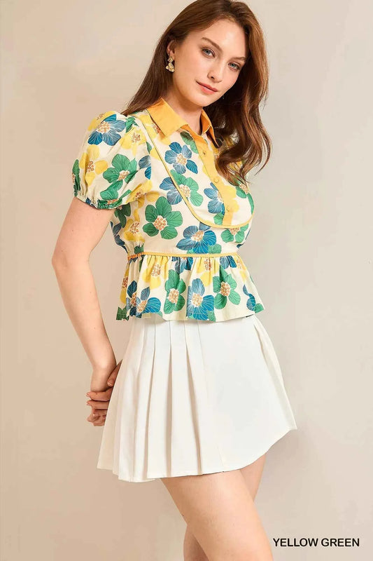 Umgee Floral Print Puff Sleeve Cropped Blouse Trendsi