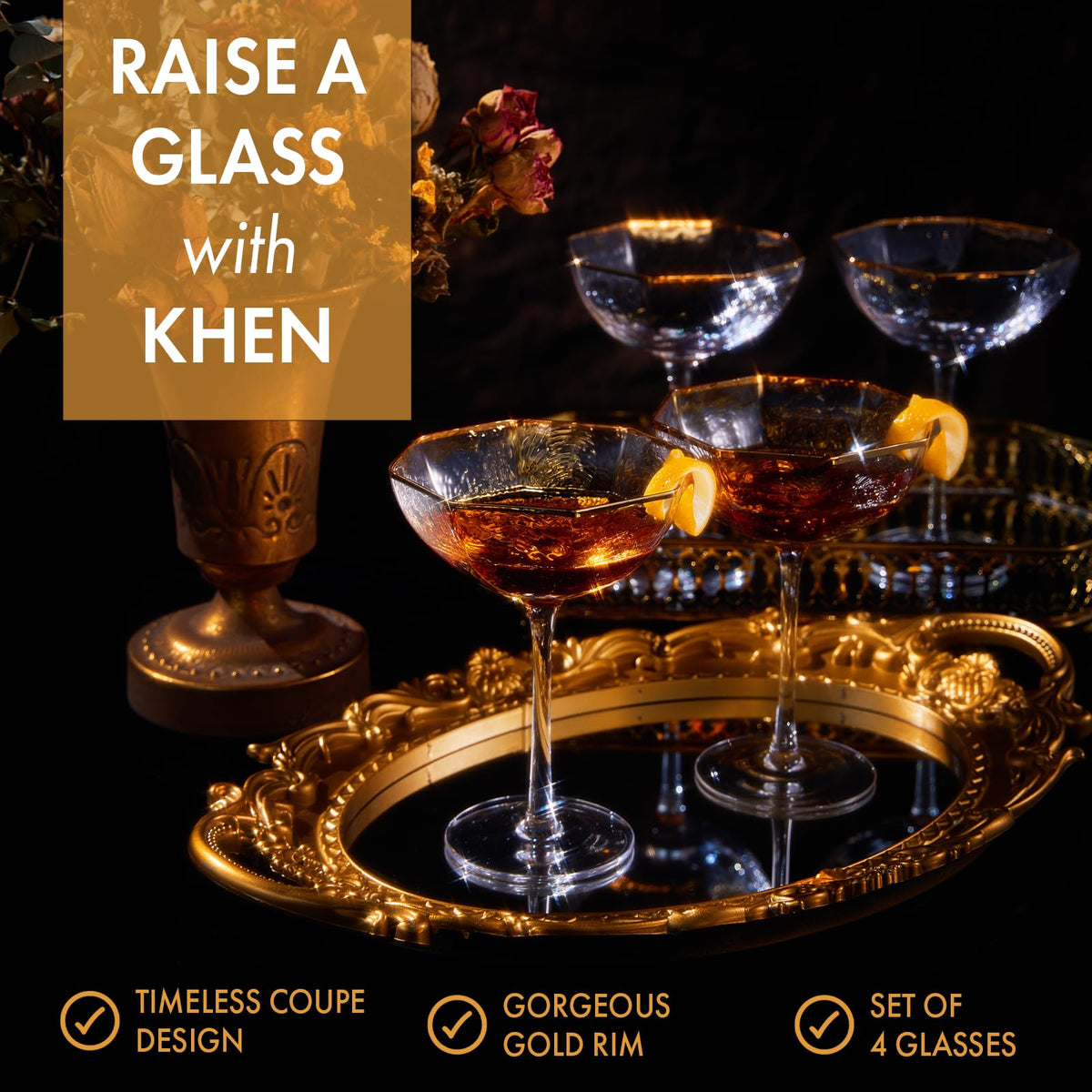 TEEK - Vintage Octagonal Champagne Coupe Cocktail Glasses Set | Gold Rim HOME DECOR TEEK KS