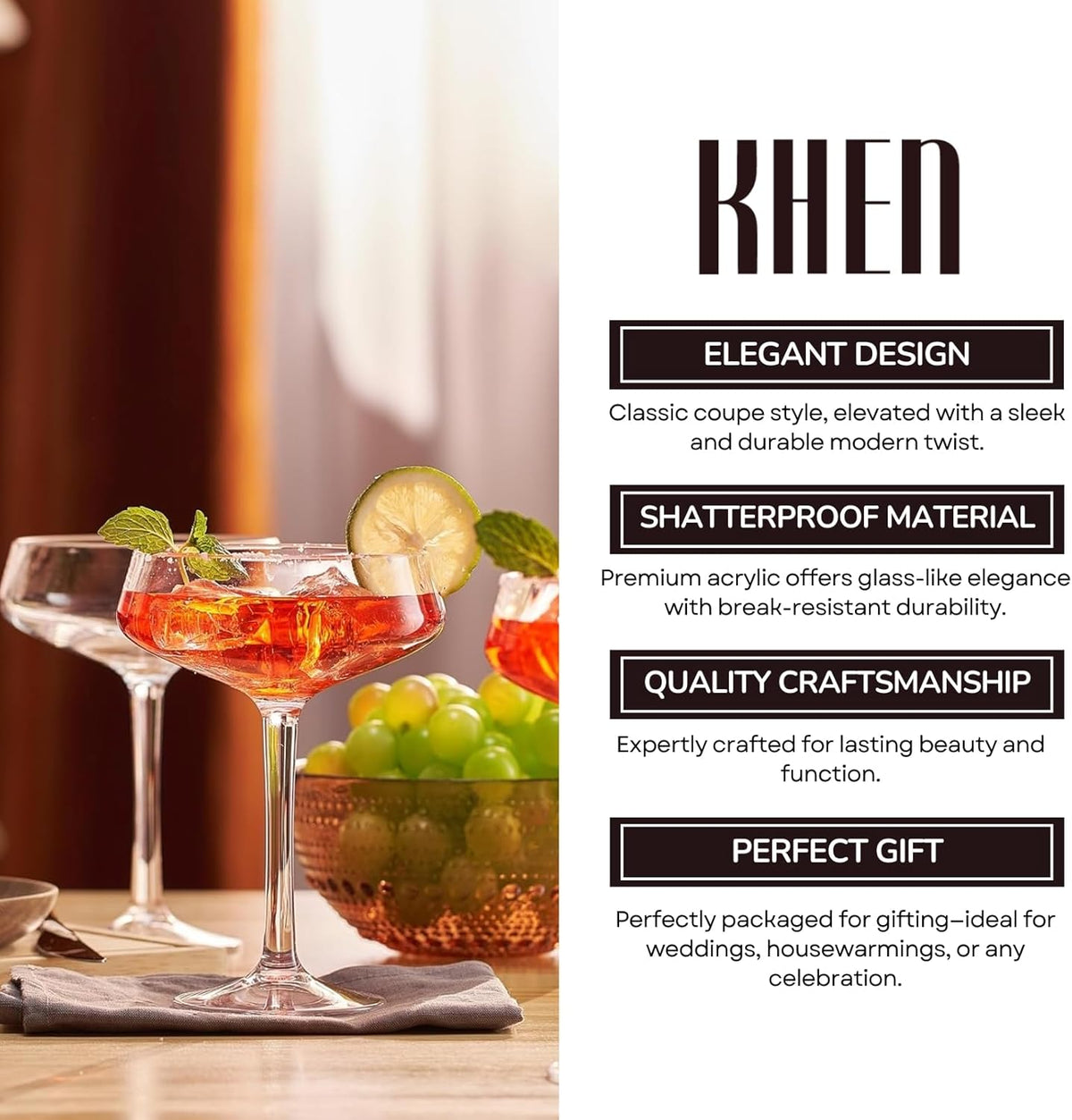 TEEK - Khen Acrylic – Set of 4 Stemmed 8 oz Clear Cocktail Glasses HOME DECOR TEEK KS