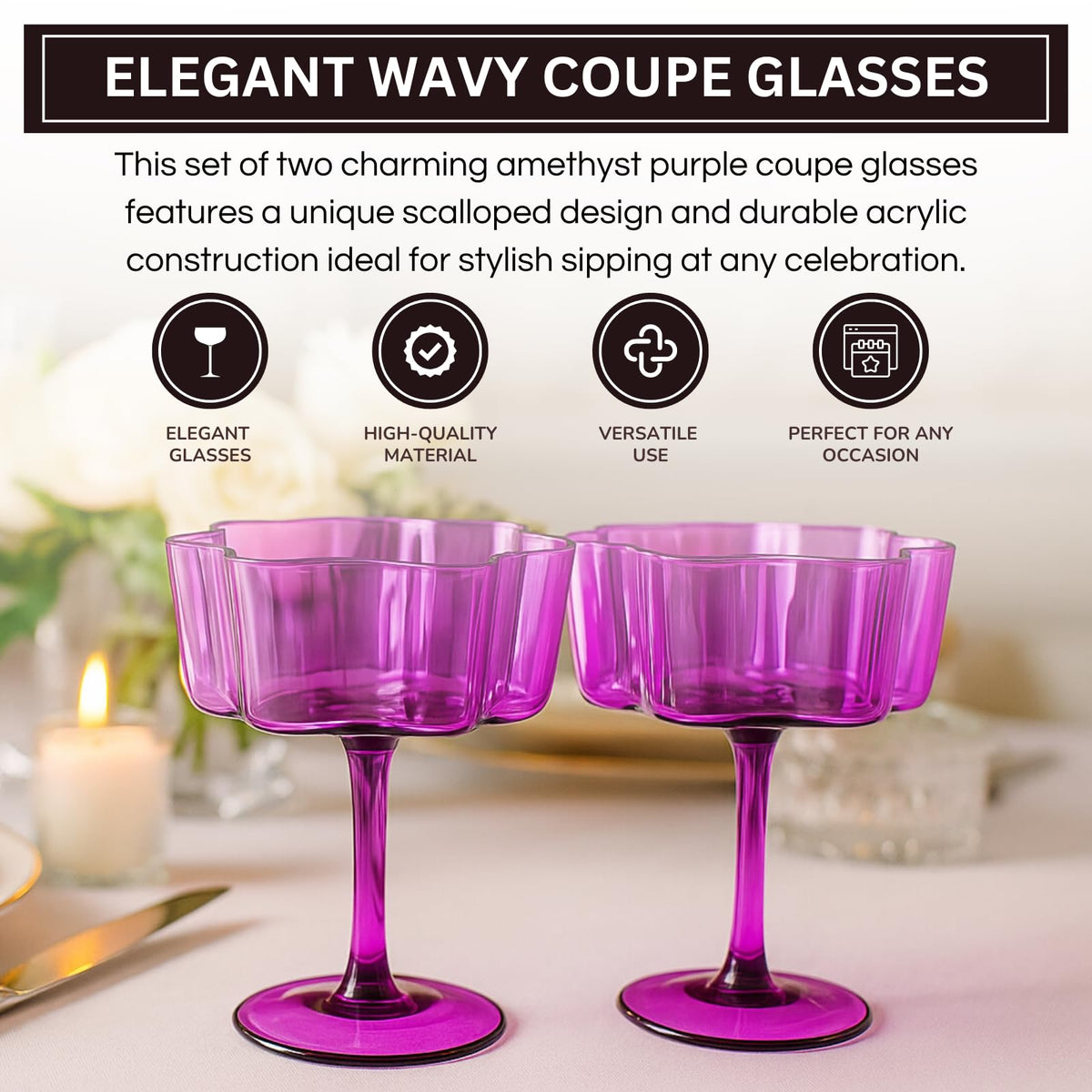 TEEK - Flower Wave Coupe Cocktail Colored Glasses Set | Amethyst Purple HOME DECOR TEEK KS