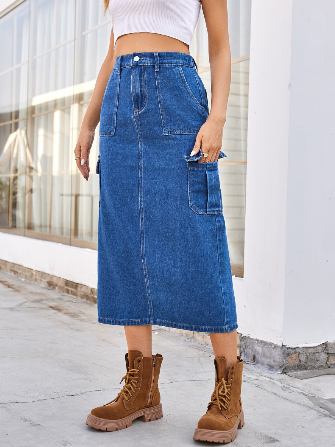 TEEK - Slit Denim Pocketed Skirt SKIRT TEEK Trend